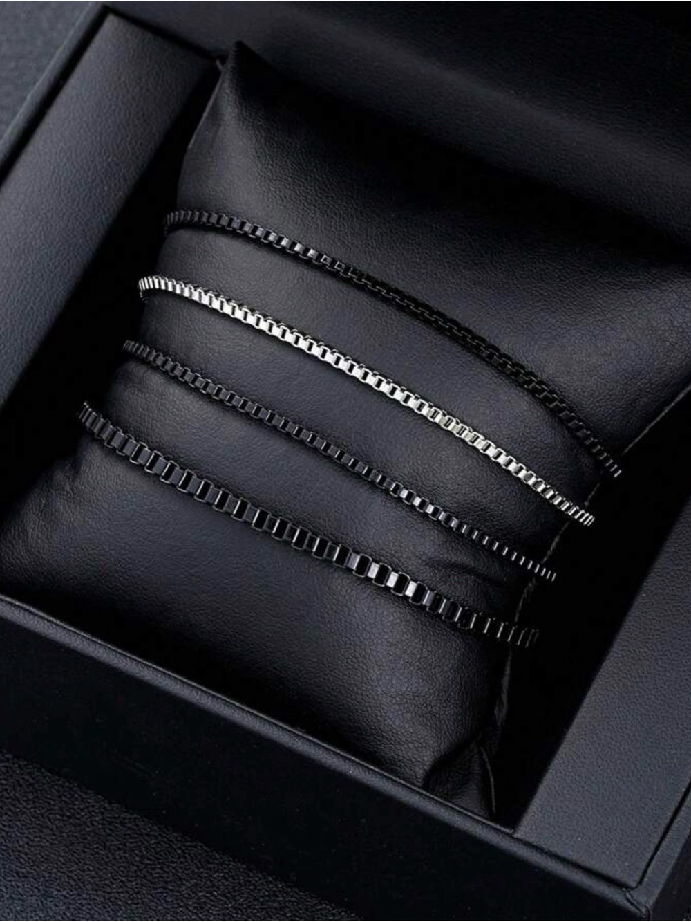 Men's Black and Silver Stainless Steel Box Chain Bracelet Set